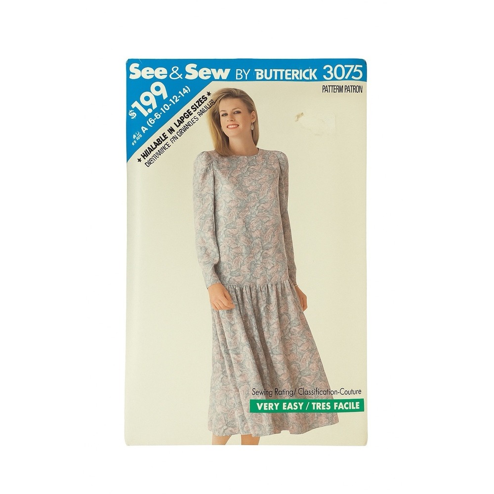 VTG Butterick 3075 Dress Sewing Pattern Sz 6-14 Drop Waist Puff Sleeve 80s Cut